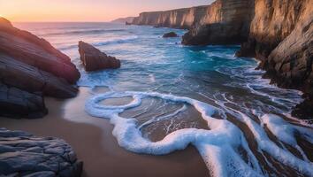 Ocean Waves Washing Ashore on Rocky Coastline at Sunset Scenery photo