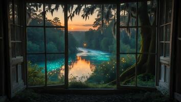 Window View of River at Sunset Reflecting Magical Lights photo