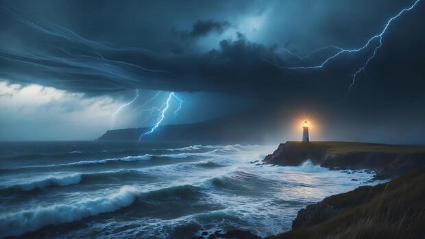 Lighthouse Guiding Through Storm Waves and Lightning Over Ocean photo