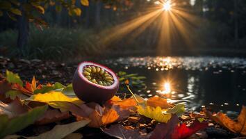 Passion Fruit on Autumn Leaves with Sunset Over Pond photo
