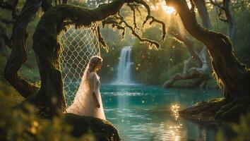 Woman Watching Waterfall Serene Nature Scene with Light Rays photo