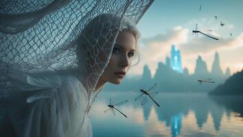 Woman Gaze Over Water with Dragonflies and Distant Cityscape View photo