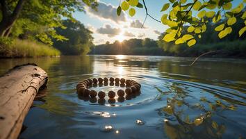 Circle of Wooden Beads Floating on River at Golden Hour photo