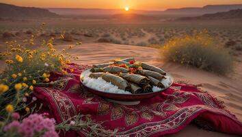 Serving Stuffed Grape Leaves in Desert Landscape with Sunset View photo