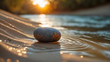 Smooth Stone by Water at Sunset with Golden Light Reflections photo