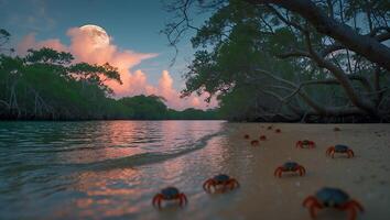 Crabs Walking Along Sandy Beach at Twilight Under Full Moon photo