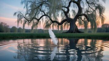 Feather Touching Water Surface with Ripples and Willow Tree Backdrop photo