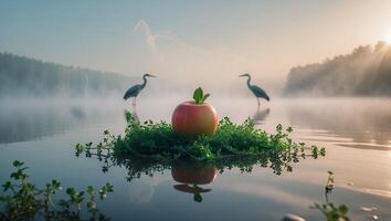 Apple on Grassy Patch Reflected in Misty Lake with Herons photo