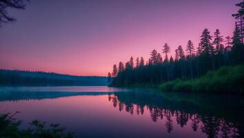 Calm Lake Reflecting Forest at Twilight with Pink and Purple Sky photo