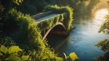 Old Wooden Bridge Over Water River Covered in Lush Greenery photo