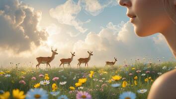 Deer Grazing in Meadow with Flowers Under Sunny Sky Woman Watching photo