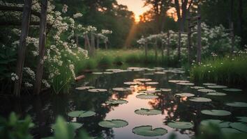 Serene Pond Reflecting Sunset with Lily Pads and Lush Vegetation photo