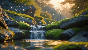 Waterfall in a Lush Landscape with Birds Flying at Sunset photo