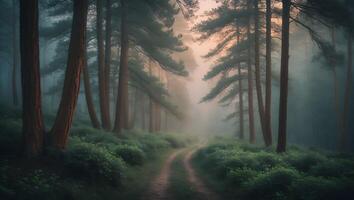 Winding Path Through Forest with Tall Trees and Mystical Fog photo