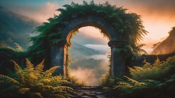 Stone Archway Covered in Ferns Overlooking Misty Mountain Landscape photo