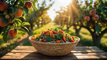 Peach Salad in Woven Bowl at Fruit Orchard with Sunlight photo