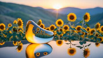 Reflective Object in Sunflower Field with Sunset and Mountain Backdrop photo