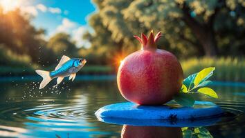 Fish Jumping Out Water Towards Pomegranate on Island at Sunset photo