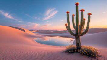 Blooming Cactus in Desert Oasis at Sunset with Sky Reflection photo