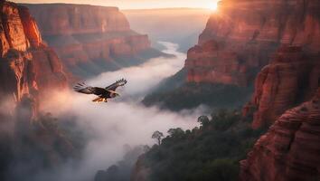Eagle Soaring Through Canyon with Fog and Warm Sunlight Landscape photo