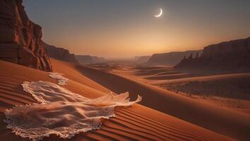 Desert Landscape with Sand Dunes and Crescent Moon at Sunset photo
