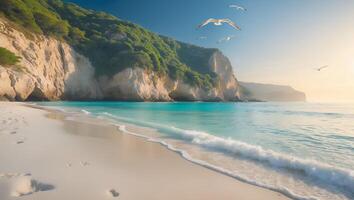 Seagulls Flying Above Peaceful Beach with Turquoise Water and Cliffs photo