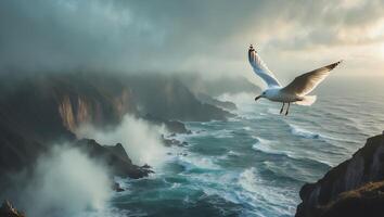 Seagull Flying Over Ocean Cliffs with Breaking Waves and Mist photo
