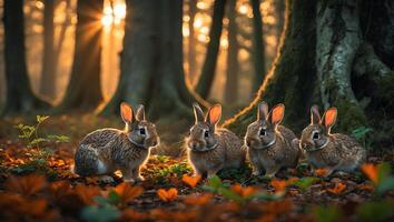 Four Rabbits Sitting Together in Forest Glade with Sunlight photo