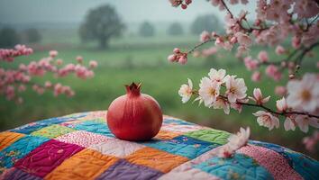 Pomegranate on Quilt with Blossoming Tree Springtime Scene photo
