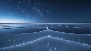 Frozen Lake Reflecting Starry Night Sky Creating a Tranquil Scene photo