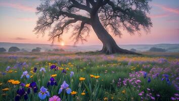 Lone Tree Overlooking Flower Meadow at Sunrise with Pastel Sky photo