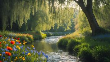 Flowing Stream Through Meadow with Wildflowers and Weeping Willow photo