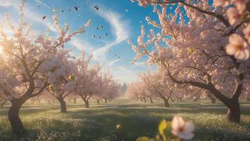 Walking Through Flowering Orchard with Blossoms and Soft Sunlight photo