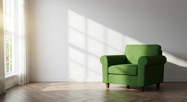 A green chair in front of a window in an empty room photo