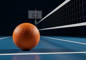 A volleyball ball sits on the court in front of a net photo