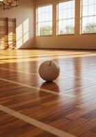 A white ball sits on the floor in an empty gym photo