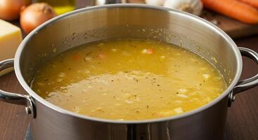 A pot of soup sitting on a table with other ingredients photo