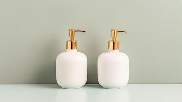 Two white soap dispensers with gold handles on a green surface photo