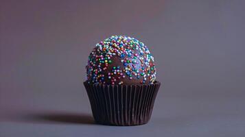 A chocolate cupcake with sprinkles on top photo