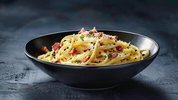 Pasta with bacon and parmesan in a black bowl photo