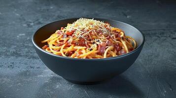 A bowl of spaghetti with meat and cheese photo