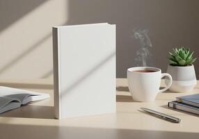 Blank book on a desk with a cup of coffee and a plant photo