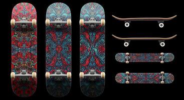 A group of skateboards with different designs photo