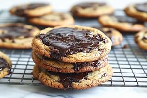 Chocolate chip cookies on a cooling rack photo