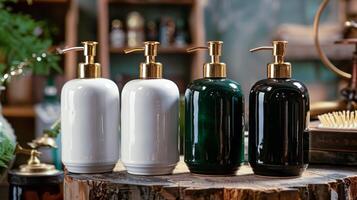 Three different types of soap dispensers on a wooden table photo