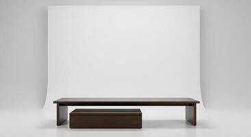 A table with a drawer and a white wall photo