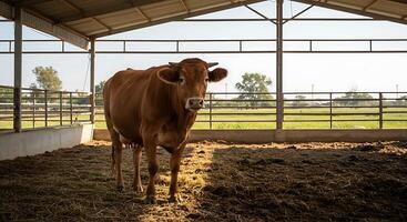 A cow standing in a barn with a fence photo