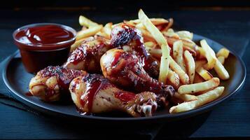 A plate of food with french fries and chicken wings photo
