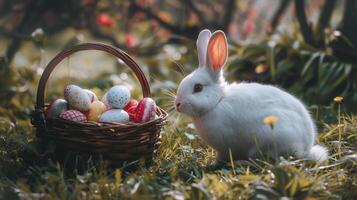 Easter bunny with basket of colorful eggs in the grass photo