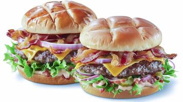 Two hamburgers with bacon, lettuce and onions photo